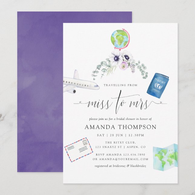 Dusty Violet Floral Miss To Mrs Bridal Shower Invitation (Front/Back)