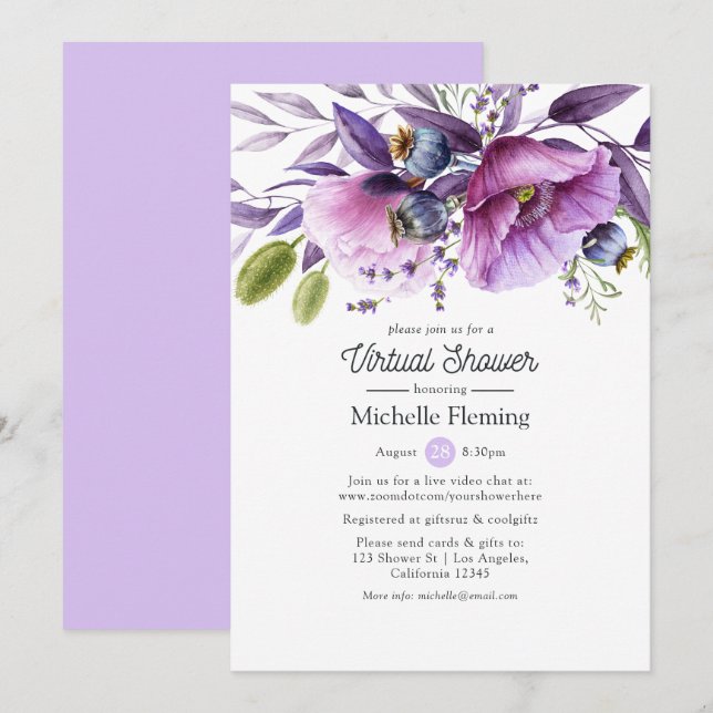 Dusty Violet Floral Virtual Baby or Bridal Shower Invitation (Front/Back)