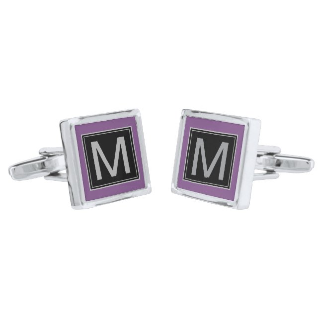 Dusty Violet Geometric Black Silver Monogram Cufflinks (Angled)