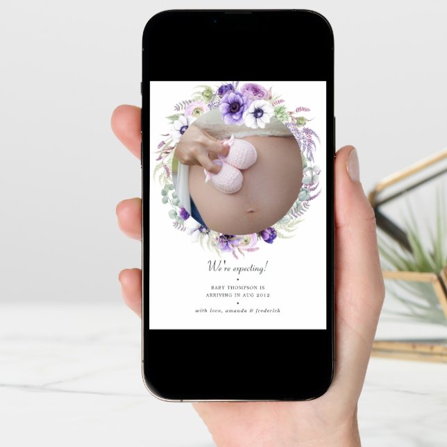 Dusty Violet Pastel Floral Photo Pregnancy Announcement (Front Digital)