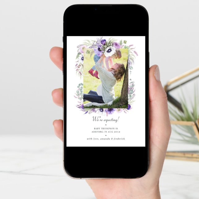 Dusty Violet Pastel Floral Photo Pregnancy Announcement (Front Digital)