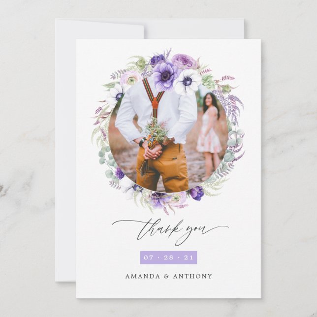 Dusty Violet Pastel Floral Wedding Photo Thank You Card (Front)