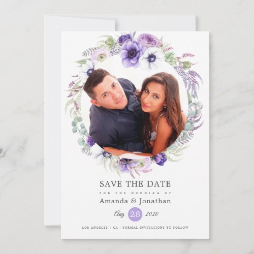 Dusty Violet Pastel Watercolor Photo Wedding Save The Date