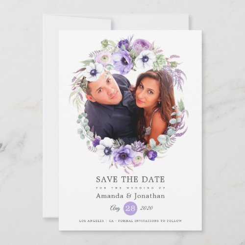 Dusty Violet Pastel Watercolor Photo Wedding Save The Date