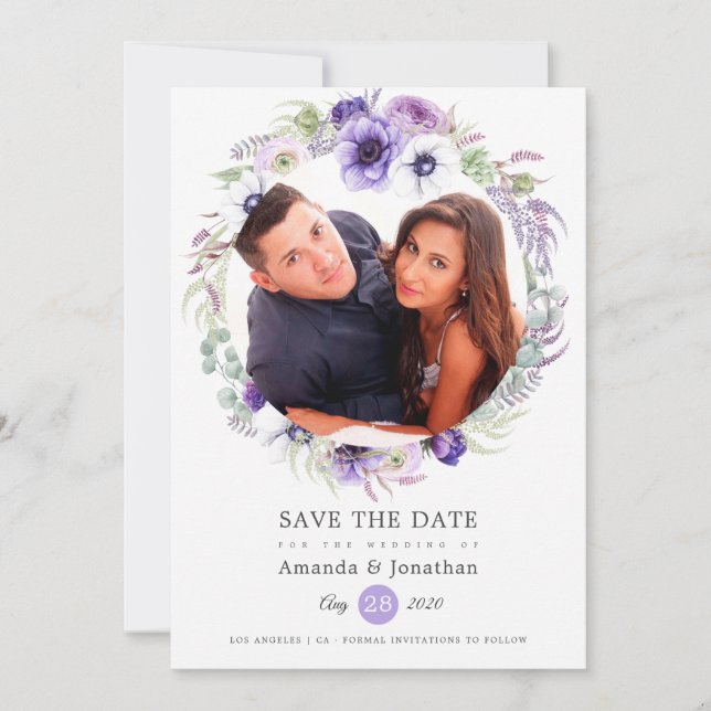 Dusty Violet Pastel Watercolor Photo Wedding Save The Date (Front)
