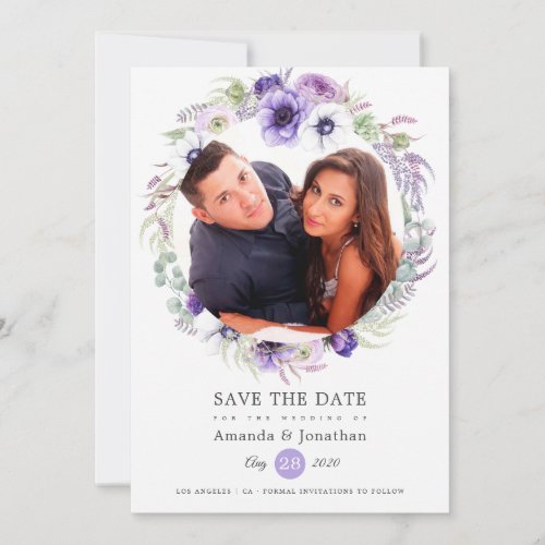 Dusty Violet Pastel Watercolor Photo Wedding Save The Date