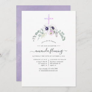 Dusty Violet Poppy Floral Baptism or Christening Invitation