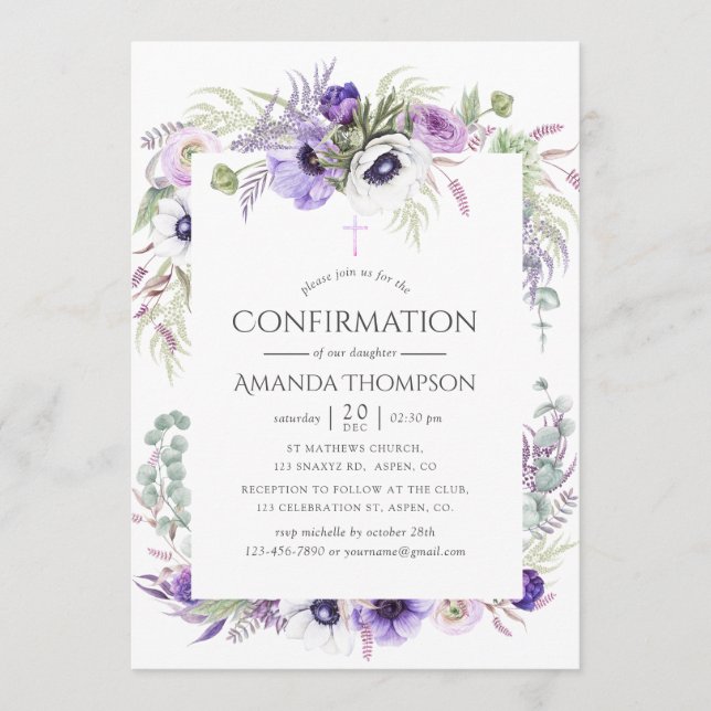 Dusty Violet Poppy Floral Confirmation Invitation (Front)