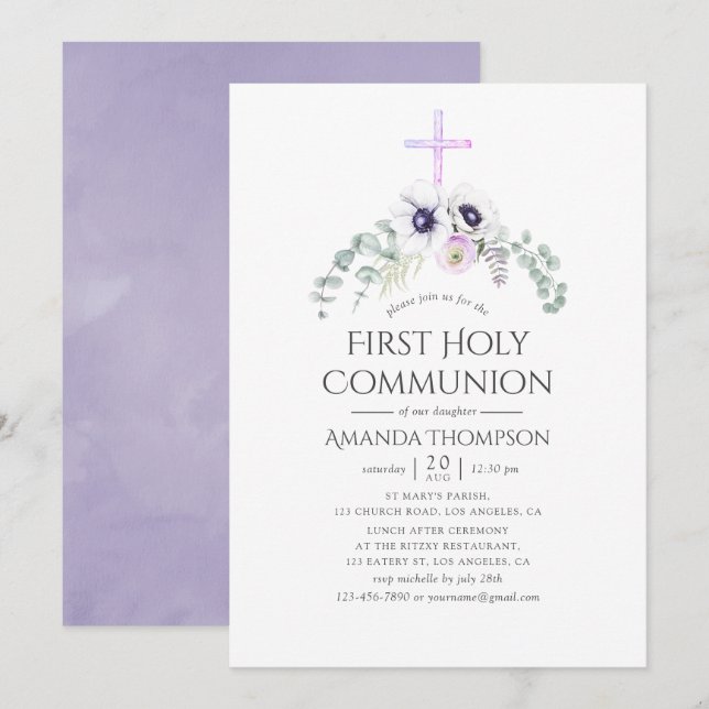 Dusty Violet Poppy Floral First Holy Communion Invitation (Front/Back)