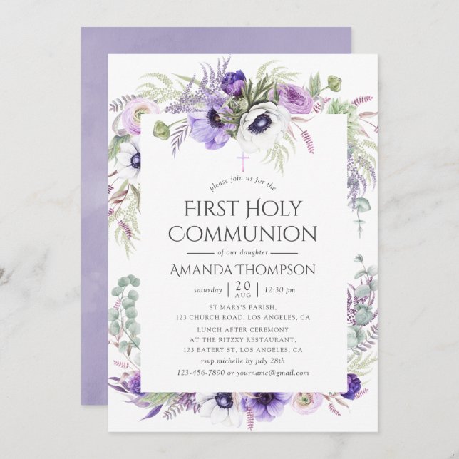 Dusty Violet Poppy Floral First Holy Communion Invitation (Front/Back)