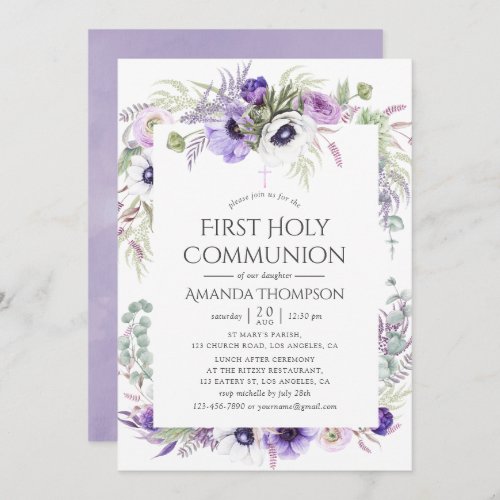 Dusty Violet Poppy Floral First Holy Communion Invitation