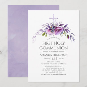 Dusty Violet Poppy Floral First Holy Communion Invitation