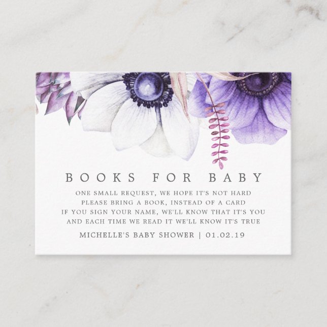 Dusty Violet Watercolor Floral Baby Book Request Enclosure Card (Front)