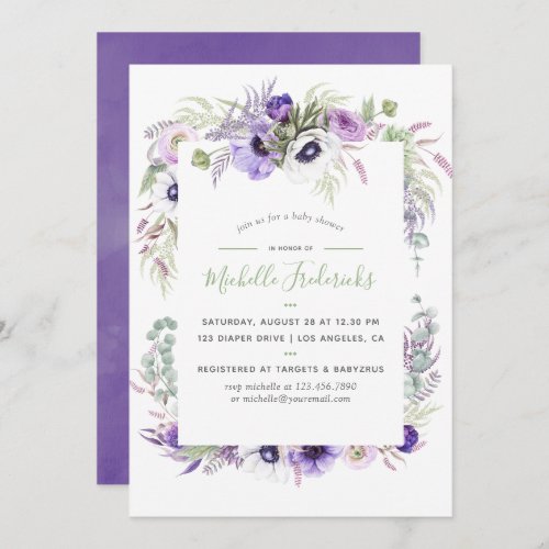 Dusty Violet Watercolor Floral Baby Shower Invite