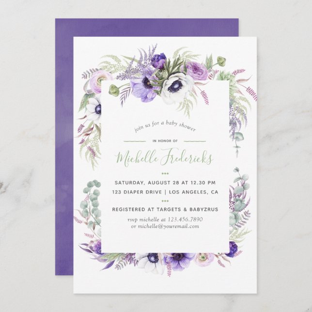 Dusty Violet Watercolor Floral Baby Shower Invite (Front/Back)