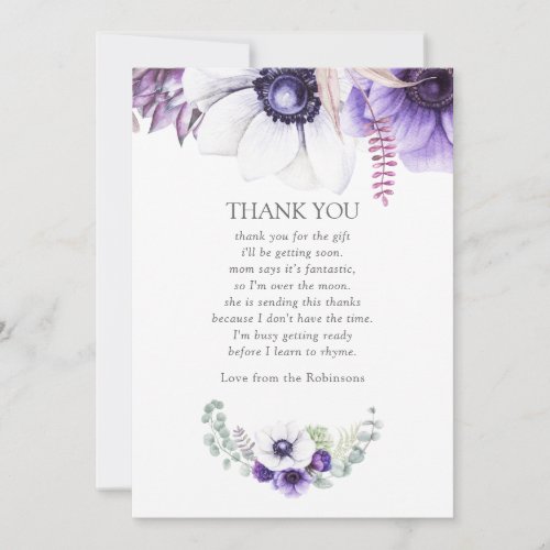 Dusty Violet Watercolor Floral Baby Shower Thanks Thank You Card