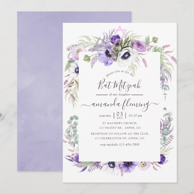 Dusty Violet Watercolor Floral Bat Mitzvah Invitation (Front/Back)