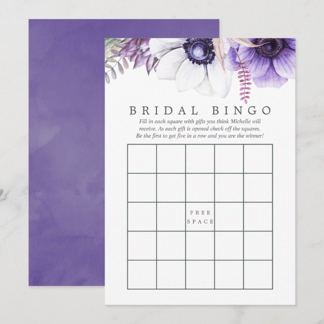 Dusty Violet Watercolor Floral Bridal Shower Bingo Invitation (Front/Back)