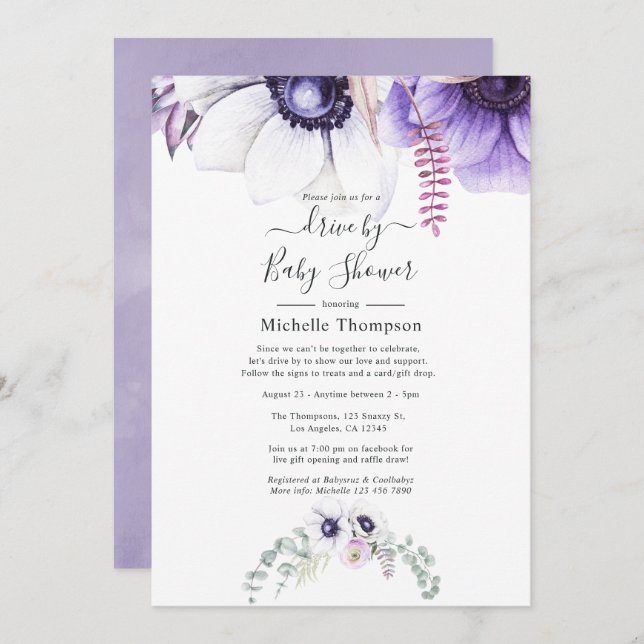 Dusty Violet Watercolor Floral Drive By Shower Invitation (Front/Back)