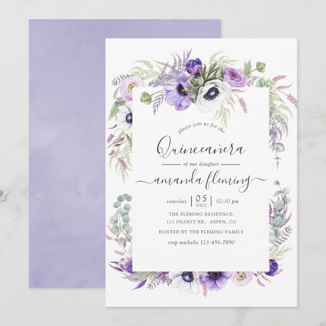 Dusty Violet Watercolor Floral Quinceañera Invitation (Front/Back)