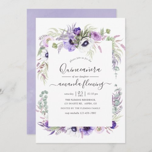 Dusty Violet Watercolor Floral Quinceaera Invitation