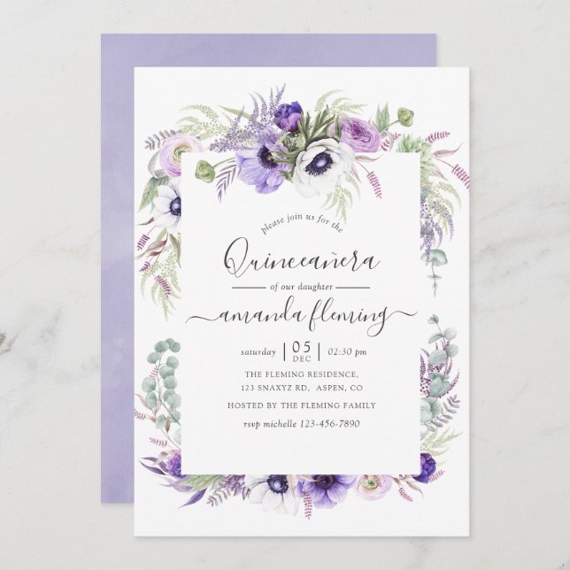 Dusty Violet Watercolor Floral Quinceañera Invitation (Front/Back)