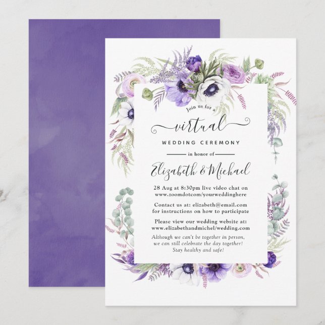 Dusty Violet Watercolor Floral virtual Wedding Invitation (Front/Back)