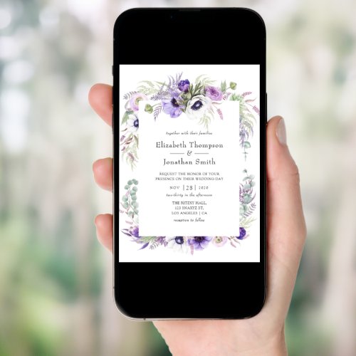 Dusty Violet Wedding Watercolor Floral Invitation