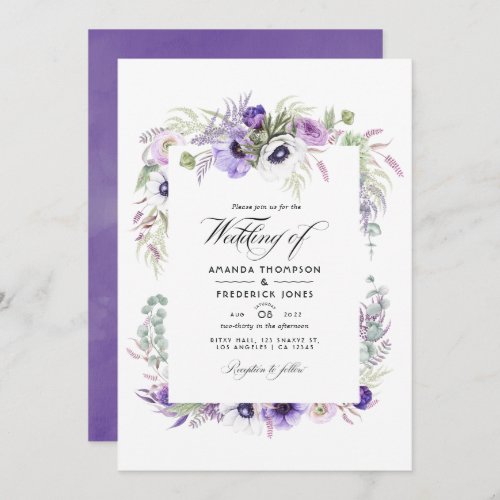 Dusty Violet Wedding Watercolor Floral Photo Invitation