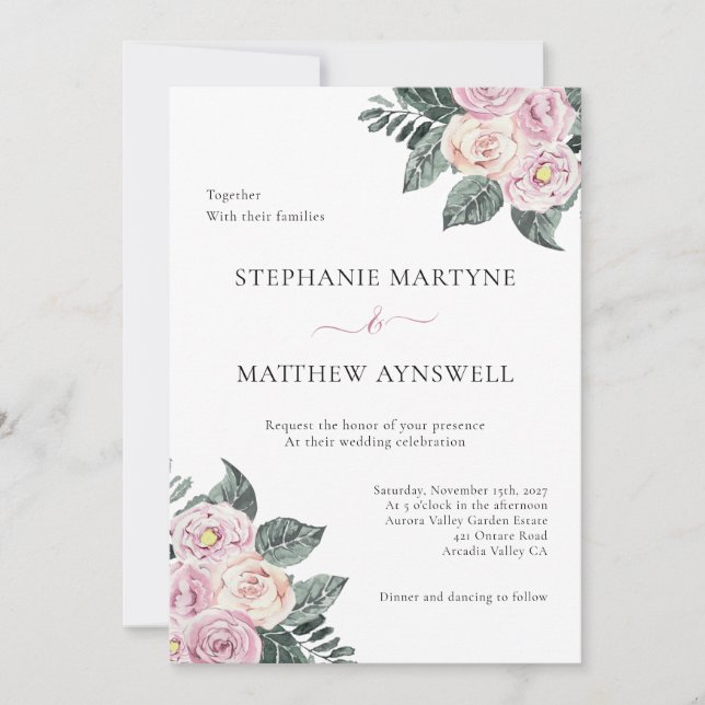 Dusty Watercolor Roses Pink Blush Floral Wedding Invitation (Front)