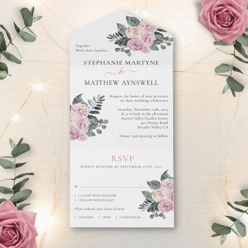 Dusty Watercolor Roses Pink Blush Wedding All In One Invitation