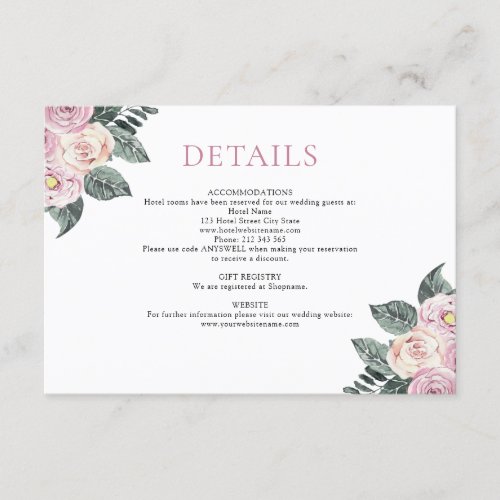 Dusty Watercolor Roses Pink Blush Wedding Details Enclosure Card