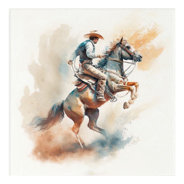 Dusty Western Watercolor “Bucking Bronco”   Acrylic Print (Front)