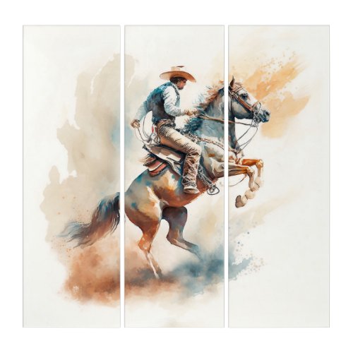 Dusty Western Watercolor Bucking Bronco     Triptych