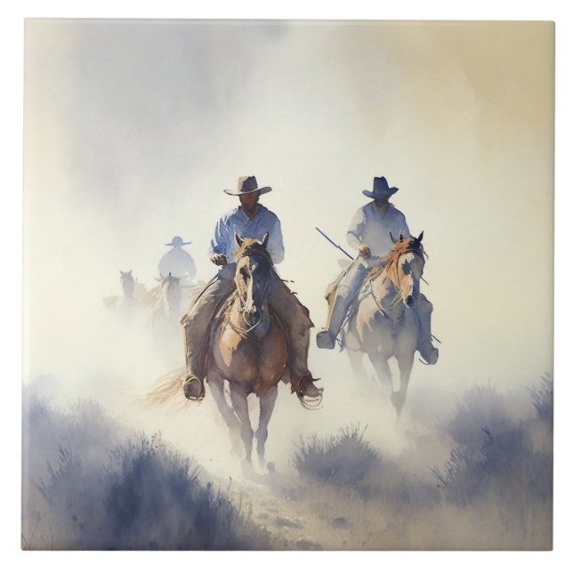 Dusty Western Watercolor “Posse - The Chase”    Ceramic Tile (Front)