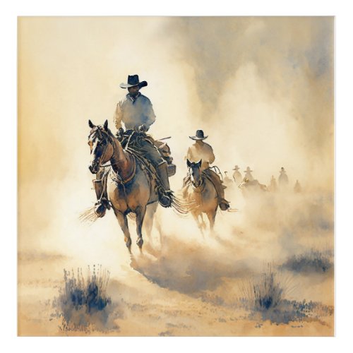 Dusty Western Watercolor Riders in the Dawn   Acrylic Print