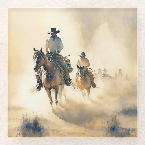 Dusty Western Watercolor Riders in the Dawn   Glass Coaster