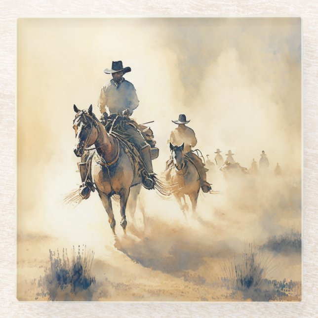 Dusty Western Watercolor ‘Riders in the Dawn’   Glass Coaster (Front)