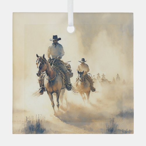 Dusty Western Watercolor Riders in the Dawn  Glass Ornament