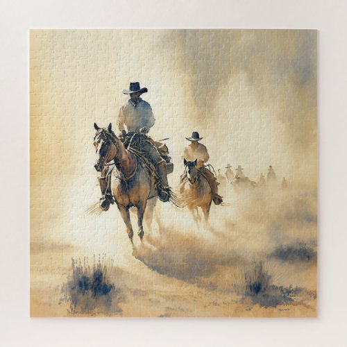 Dusty Western Watercolor Riders in the Dawn   Jigsaw Puzzle