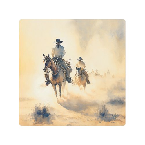 Dusty Western Watercolor Riders in the Dawn   Metal Print