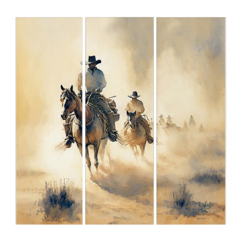 Dusty Western Watercolor Riders in the Dawn   Triptych