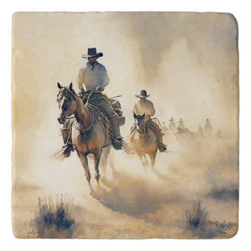 Dusty Western Watercolor Riders in the Dawn   Trivet