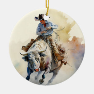 Dusty Western Watercolor “Rodeo Bull Rider” Ceramic Ornament