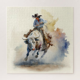 Dusty Western Watercolor “Rodeo Bull Rider” Jigsaw Puzzle