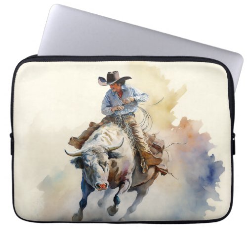 Dusty Western Watercolor Rodeo Bull Rider  Laptop Sleeve