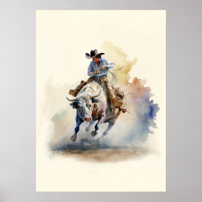 Dusty Western Watercolor “Rodeo Bull Rider” Poster (Front)