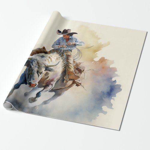 Dusty Western Watercolor Rodeo Bull Rider   Wrapping Paper