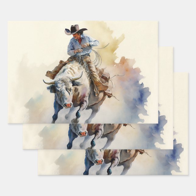 Dusty Western Watercolor “Rodeo Bull Rider”   Wrapping Paper Sheets (Set)