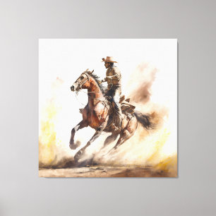 Dusty Western Watercolour Cowboy Riding Mustang Canvas Print